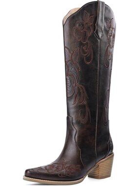 Women Dark Brown Faux Leather Cowgirl Western Pointed Toe Chunky Block Heel